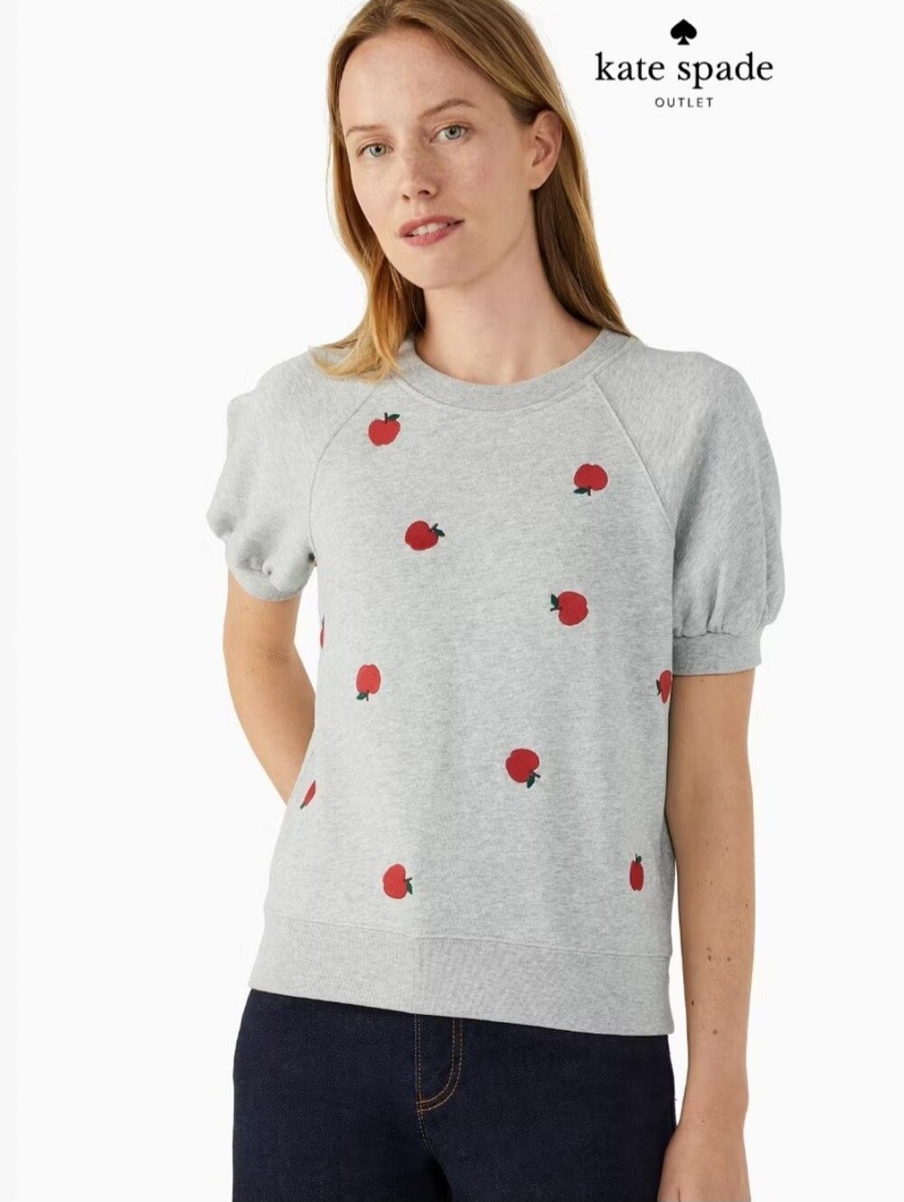 Kate Spade grey sweatshirt with red apple print and puff sleeves. Size M